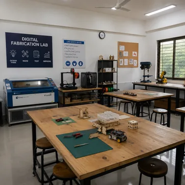 The Digital Fabrication Lab, with a laser cutter and prototyping benches