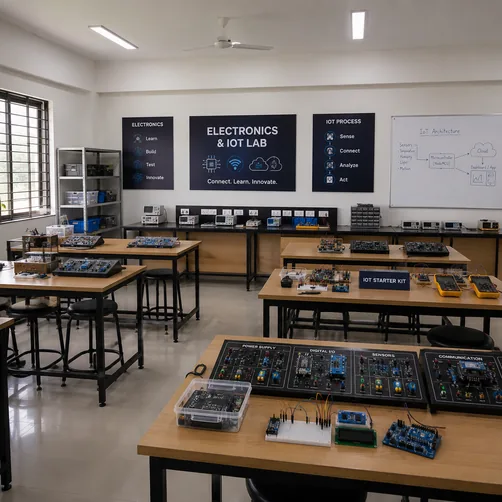 Workbenches with circuit kits and instruments in the Electronics and IoT Lab