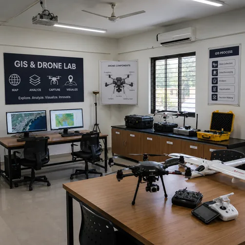 Drones and ground control equipment laid out in the GIS and Drone Lab