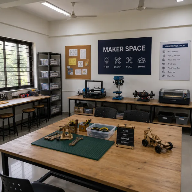 Student-built models and 3D printers on the workbenches of the Maker Space