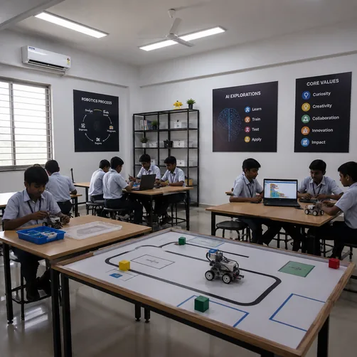 Students working with robots on the arena table in the Robotics and AI Lab